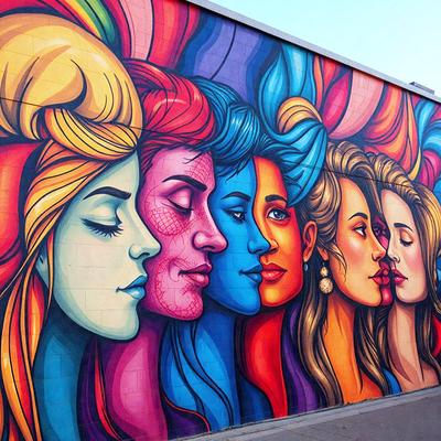 The primary subject of the image is a mural featuring a group of women with different colored hair. The mural is painted on a wall, and the setting is an outdoor location. The visual style of the image is a combination of digital art and illustration, creating a vibrant and lively atmosphere. The colors and mood of the mural are predominantly pink, blue, and orange, giving it a warm and inviting feel.